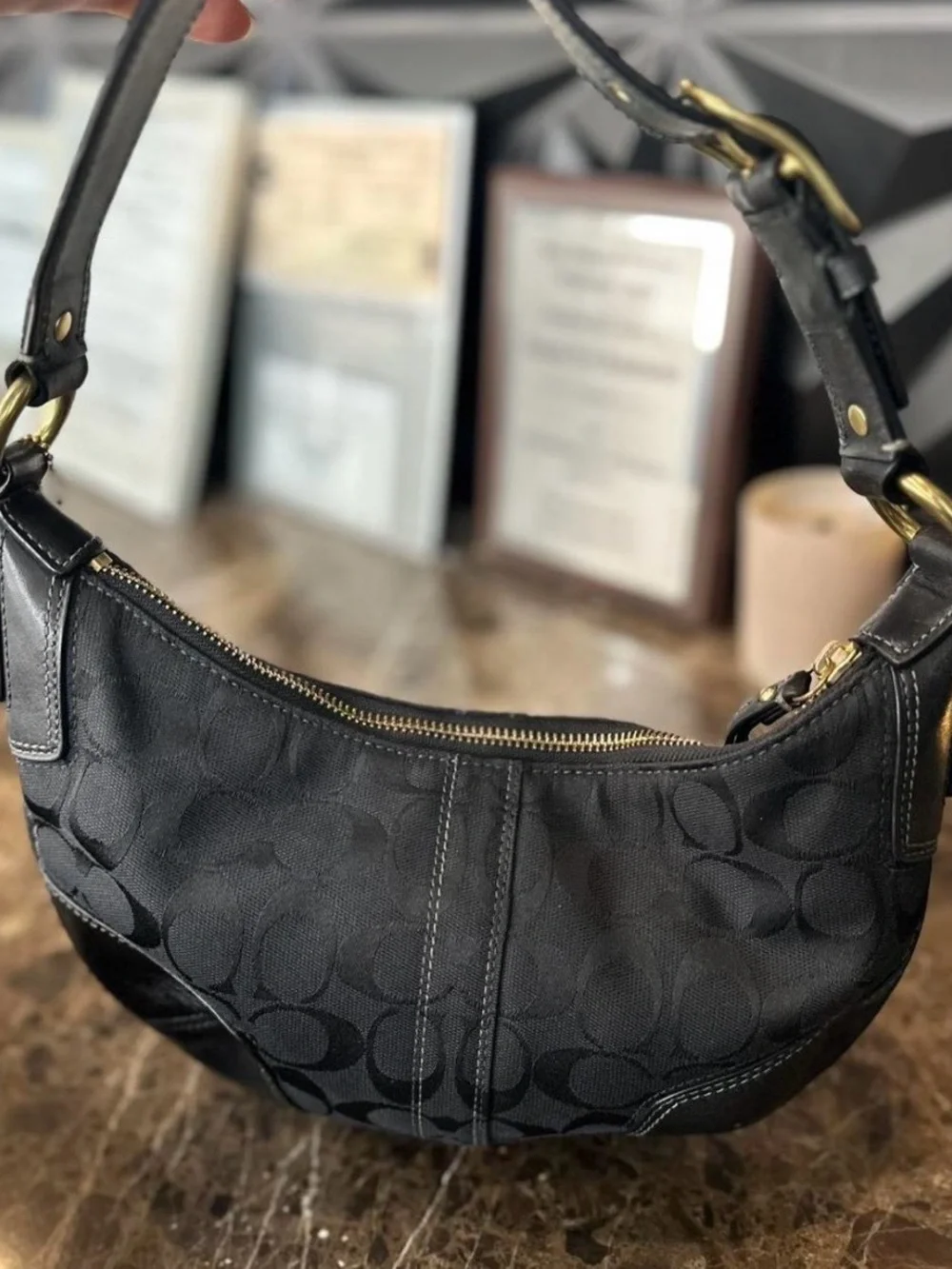 Coach Signature Jacquard Black Shoulder Hobo Bag